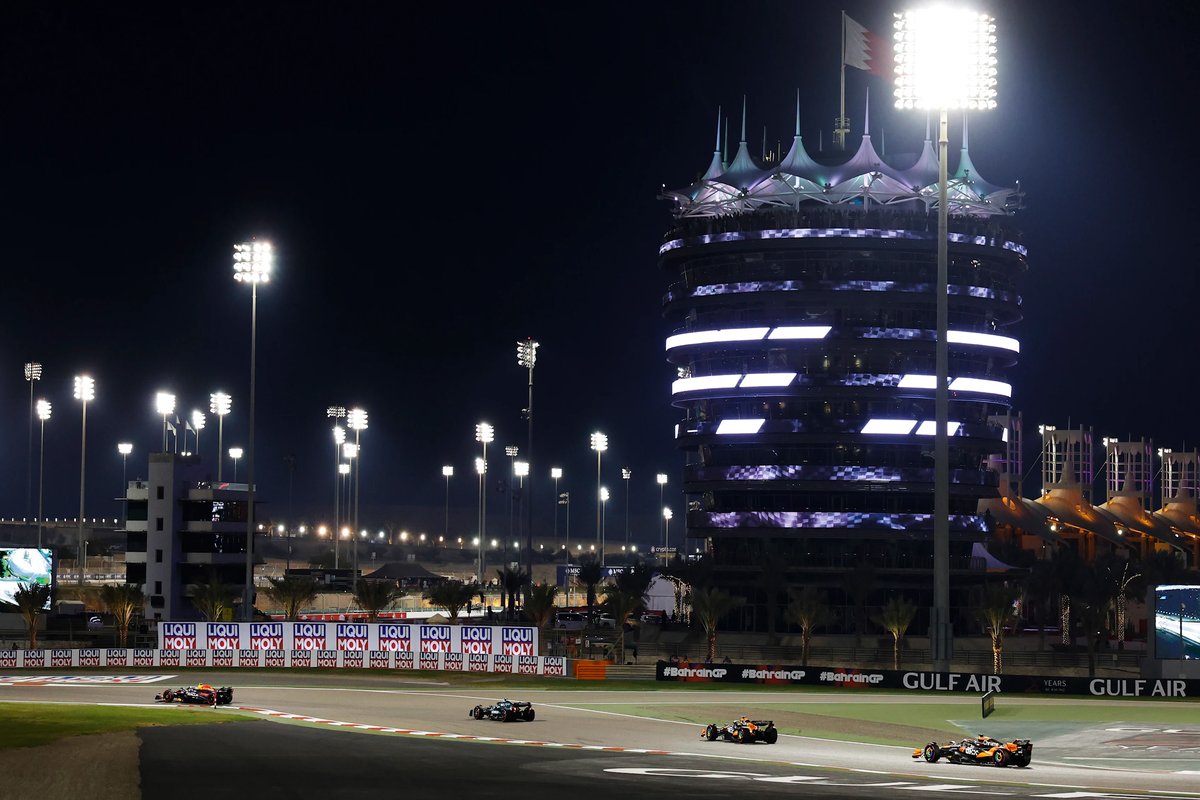 F1 race action Bahrain night